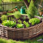 A wattle raised garden bed in a green backyard.