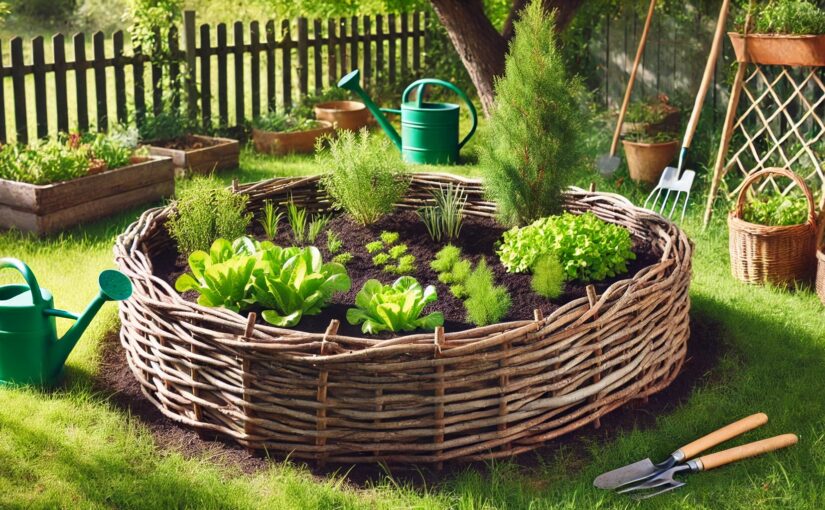 A wattle raised garden bed in a green backyard.