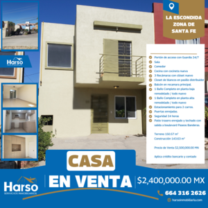 Venta de Casa En La Escondida, 3 Rec, 2 baños completos. Pat